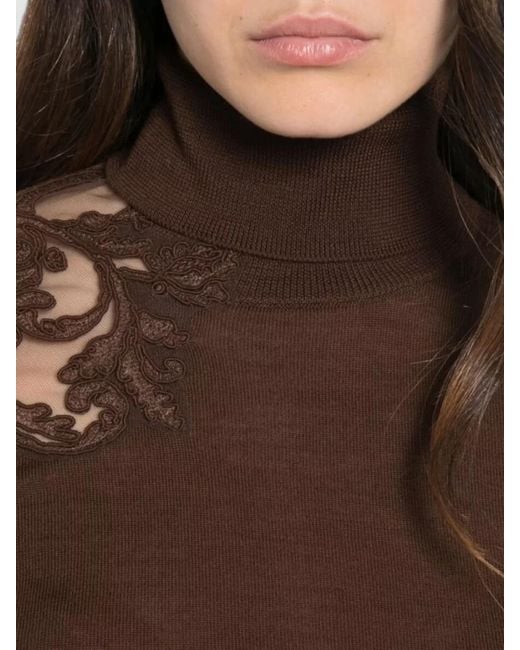 Ermanno Scervino Brown Wool Turtleneck Sweater Embroidered Detail Sleeves