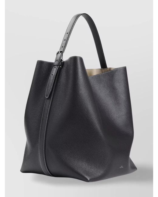 Totême Black Belted Leather Tote Bag With Stitching