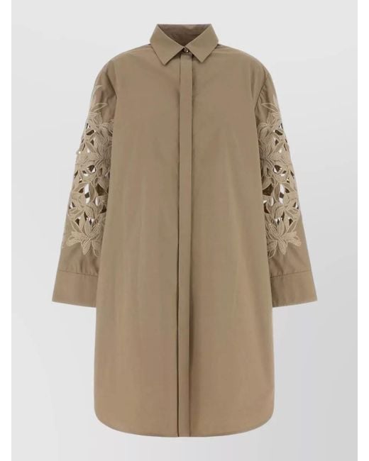 Agnona Natural Poplin Shirt Dress Collared Floral Sleeves Longline