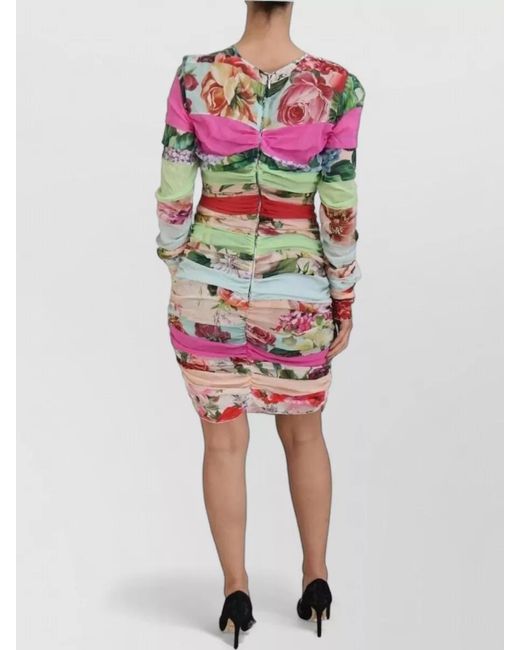 Dolce & Gabbana Red Silk Floral-Print Long-Sleeve Knee-Length Dress