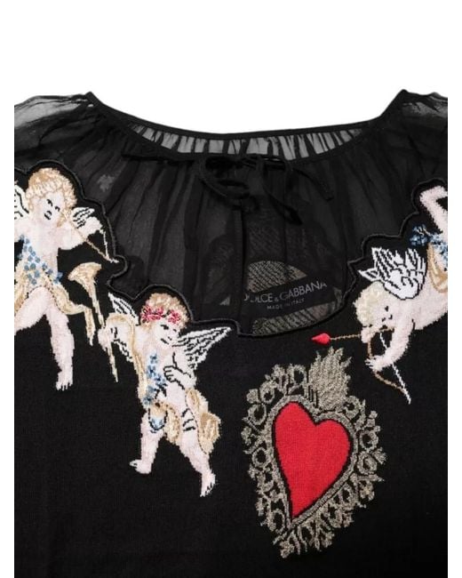 Dolce & Gabbana Black Embroidered Virgin Wool Silk Crewneck Knitted Top