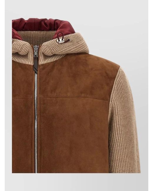 Brunello Cucinelli Brown Suede Cashmere Hooded Bomber Jacket for men