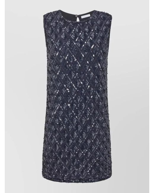 P.A.R.O.S.H. Blue Dress Embroidered Sequins Sleeveless Textured Round Neck
