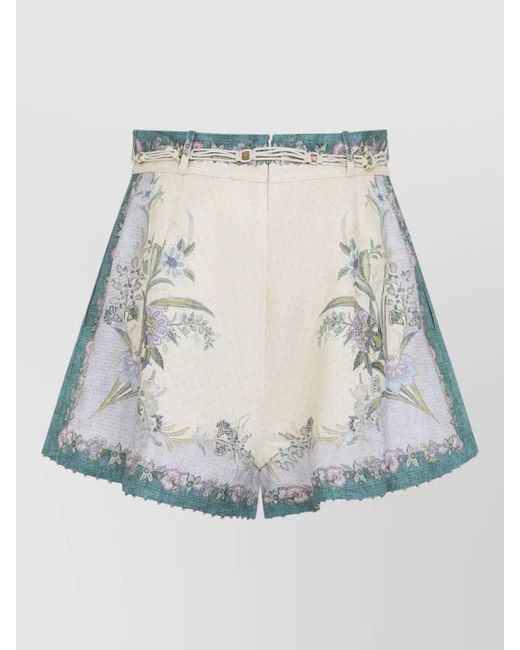 Zimmermann Blue Linen Floral-Print High-Rise Pleated Shorts