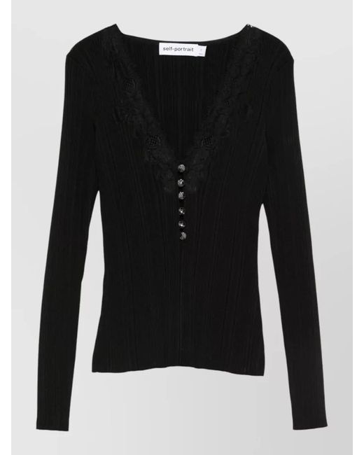 Self-Portrait Black Knit Sweater V Neck Lace Trim Ribbed