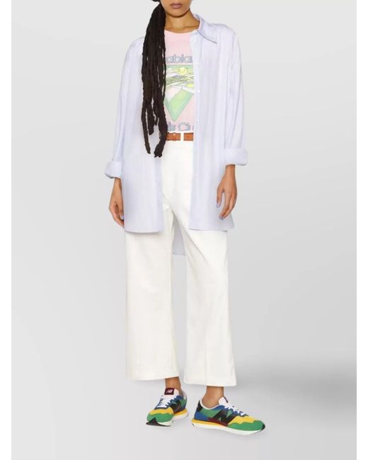 Ralph Lauren White Flared Cotton Blend Trousers With Pockets And Pressed Crease