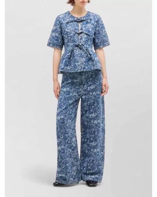 Ganni Blue Floral Peplum Blouse Round Neck Short Sleeves