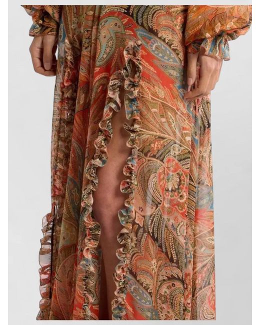 Etro Brown Long Silk Skirt Paisley Pattern Ruffles