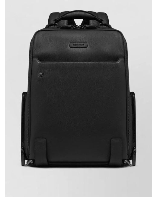 Piquadro Black Leather Travel Backpack Top Handle Straps for men
