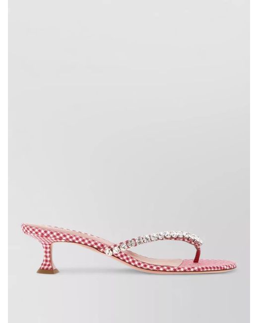 AMINA MUADDI Pink Gingham Fabric Thong Mules Rhinestone Heel