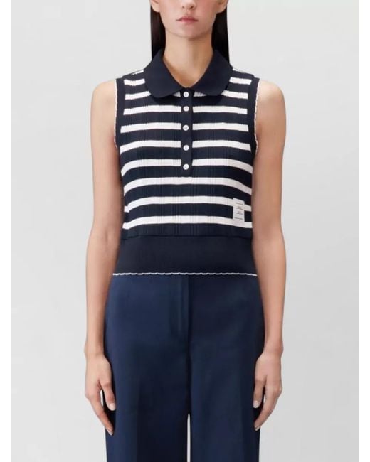 Thom Browne Blue Striped Ribbed Polo Top
