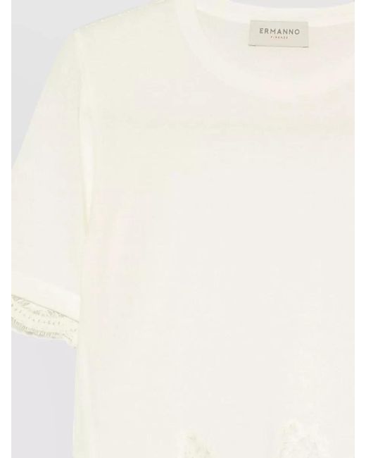 ERMANNO FIRENZE White Knit Top Crew Neck Lace Trim Scalloped Hem