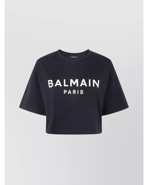 Balmain Blue Graphic Print Cropped T-Shirt With Short Sleeves