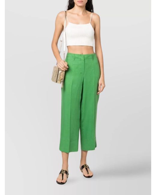 Max Mara Green Linen High-Rise Cropped Wide-Leg Trousers