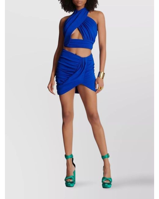 Balmain Blue Draped Stretch Mini Skirt