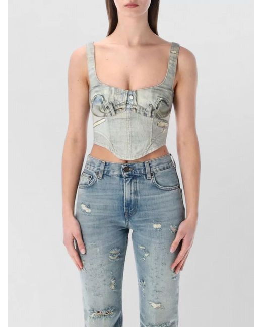 Haikure Blue Sleeveless Cropped Top Scoop Neck Trompe Loeil