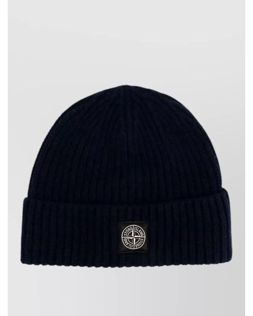 Stone Island Blue Logo Virgin Wool Beanie Ribbed Cuff for men