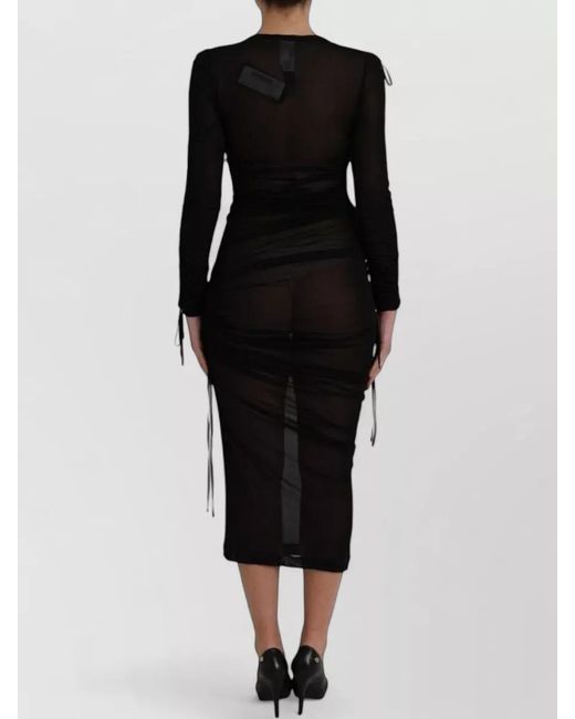 Dolce & Gabbana Black Sheer Ruched V-Neck Long-Sleeve Midi Dress