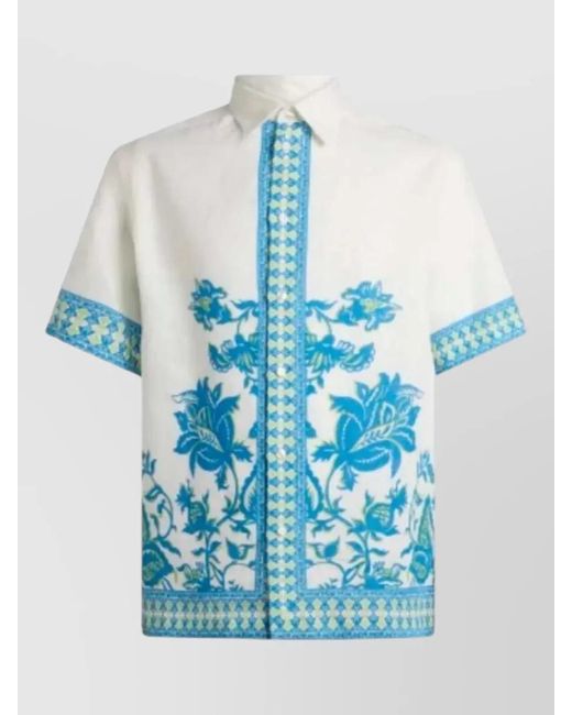 Etro Blue Shirt Pointed Collar Floral Geometric Pattern for men
