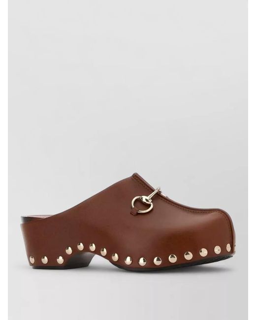 Gucci Brown Leather Clogs Metal Hardware Round Toe