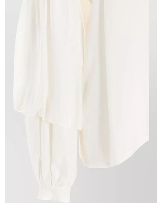 DI.LA3 PARI' White Silk Shirt Puff Sleeves V Neckline