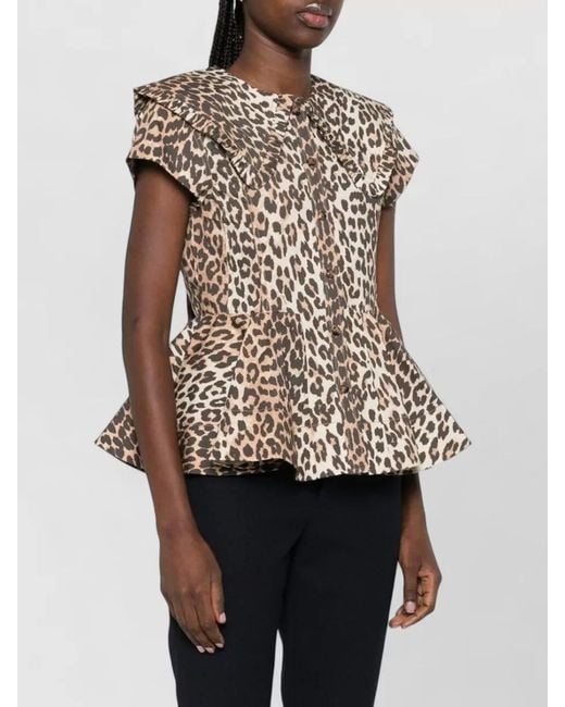 Ganni White Leopard-Print Organic Cotton Short-Sleeve Peplum Blouse