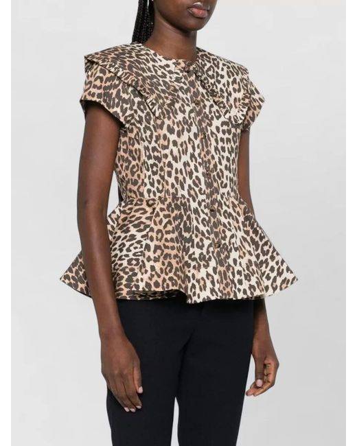 Ganni White Organic Cotton Shirt Animal Print Peplum