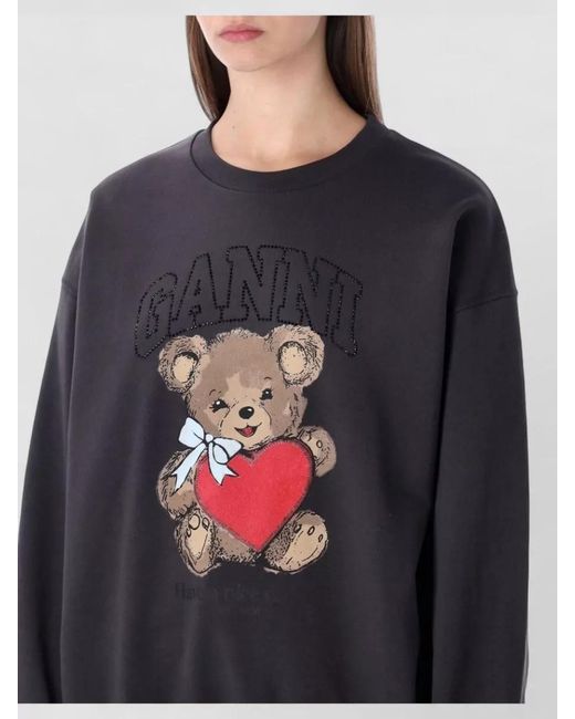Ganni Blue Cotton Oversized Rhinestone Bear Sweatshirt