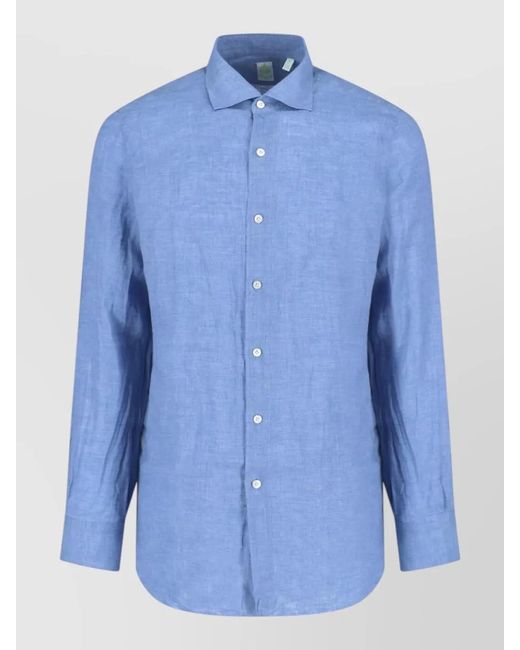 Finamore 1925 Blue Casual Shirt Cuffs Down Collar Curved Hem for men