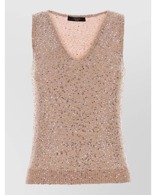 Weekend by Maxmara Natural Sleeveless V-Neck Vest Featuring Sequin Embellishments
