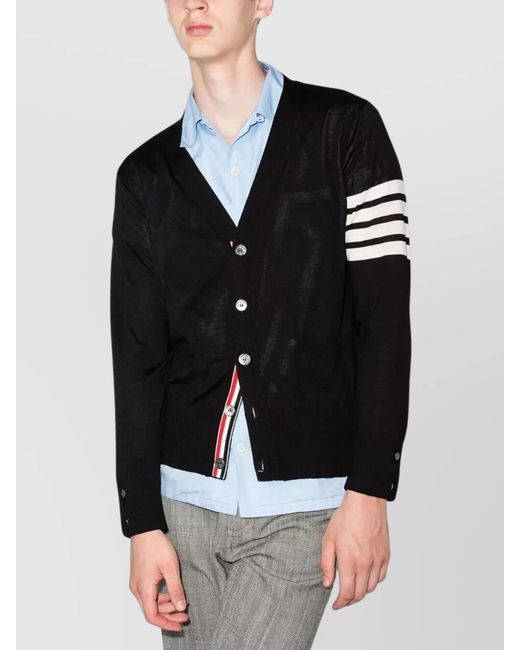 Thom Browne Black V-Neck Cardigan Merino Wool Stripe Detail for men