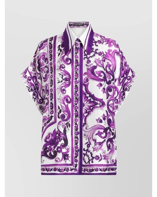 Dolce & Gabbana Purple Bat Sleeve Majolica Print Point Collar Top
