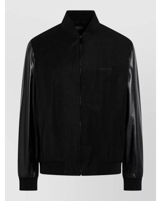 Gucci Black Jacket Contrast Sleeves Ribbed Cuffs Hem Collar for men