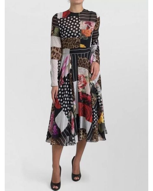 Dolce & Gabbana White Silk Patchwork Floral Polka Dot Leopard-Print Midi Dress