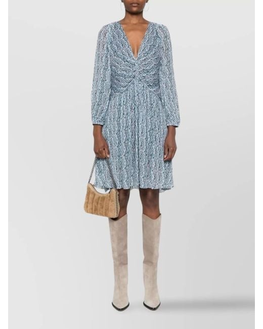 IRO Blue Short Graphic Print Dress With Pleated Skirt