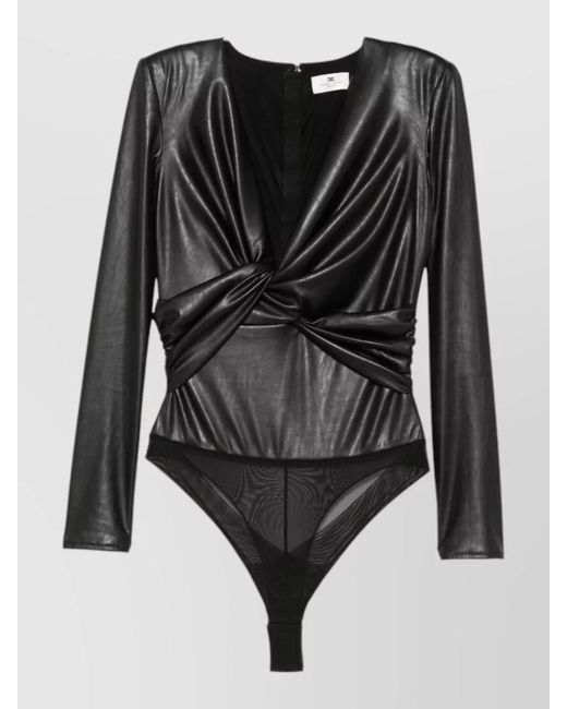 Elisabetta Franchi Black Faux-Leather Twist-Detail V-Neck Long-Sleeve Bodysuit