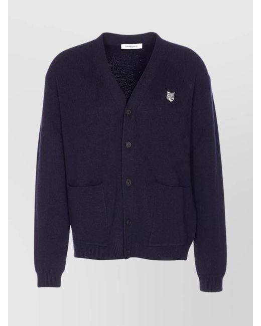 Maison Kitsuné Blue Wool V-Neck Cardigan for men