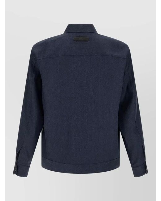 Brioni Blue Linen Wool Jacket Collared Long Sleeves for men