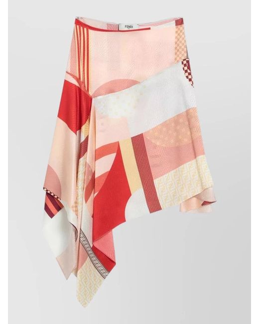 Fendi Red Asymmetric Hem Skirt Draped Geometric Pattern