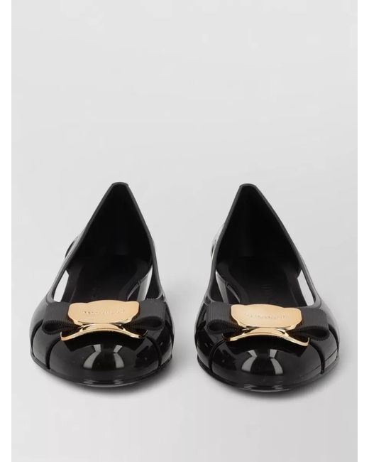Ferragamo Black Ballerina Shoes Bow Detail Cut Out Sides