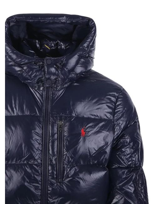 Ralph Lauren Blue Quilted Puffer Jacket With High Collar Hood for men