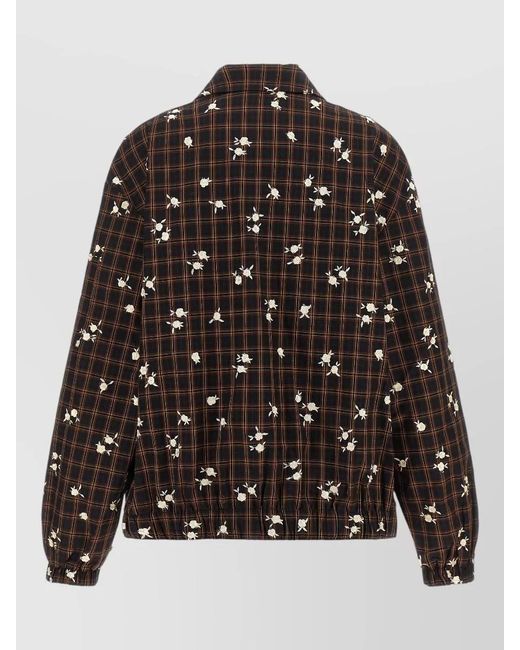 Ganni Black Check Flower Bomber Jacket Collared Hem