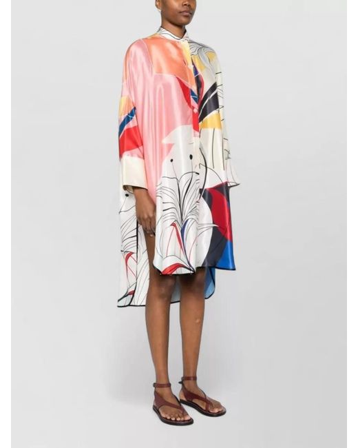 F.R.S For Restless Sleepers White Silk Dress Abstract Print Long Sleeves Hem