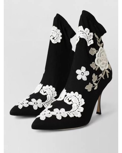 Dolce & Gabbana Black Floral Embroidery Slip On Ankle Boots