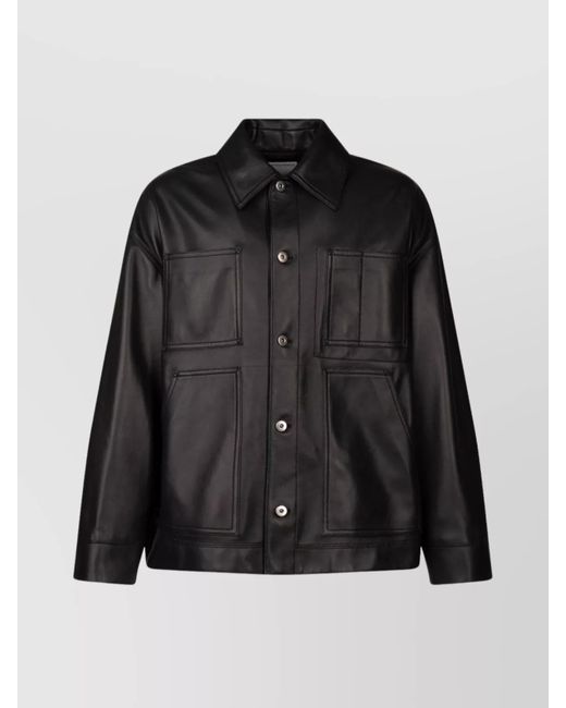 Bottega Veneta Black Collared Leather Jacket Front Pockets for men