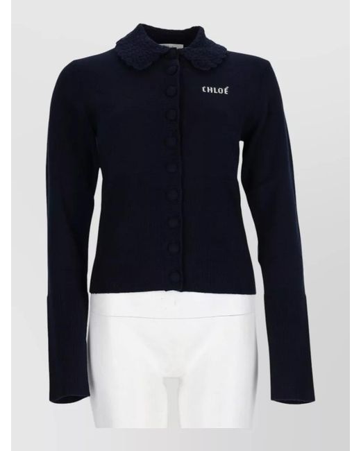 Chloé Blue Cropped Jacket Long Sleeves Scalloped Collar