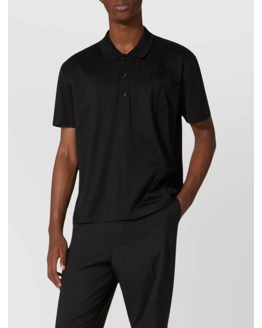 Valentino Garavani Black Cotton Floral Appliqué Short-Sleeve Polo Shirt for men