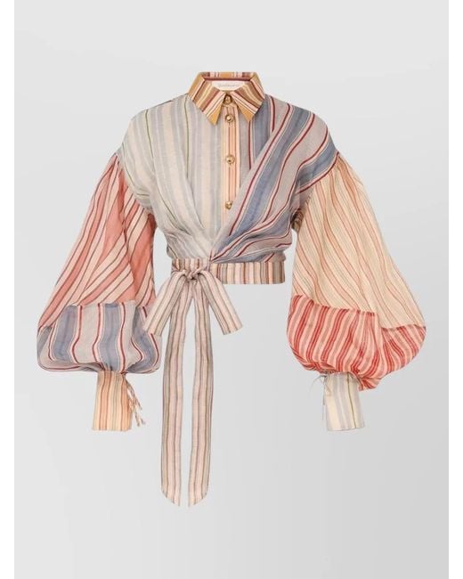 Zimmermann White Linen Silk Striped Cropped Long-Sleeve Blouse