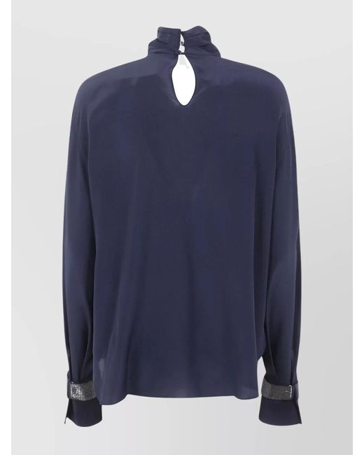 Brunello Cucinelli Blue Silk Turtleneck Blouse