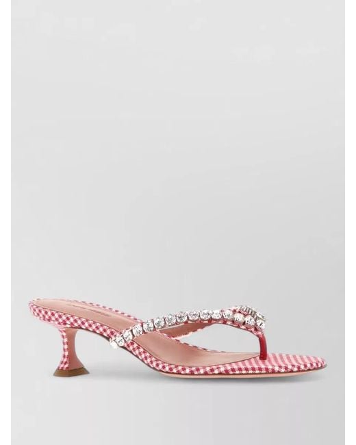 AMINA MUADDI Pink Gingham Fabric Thong Mules Rhinestone Heel